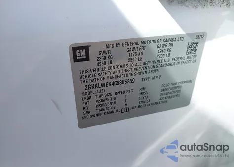 2012 GMC Terrain Slt-2 z USA, uszkodzony, nr VIN 2GKALWEK4C6385359